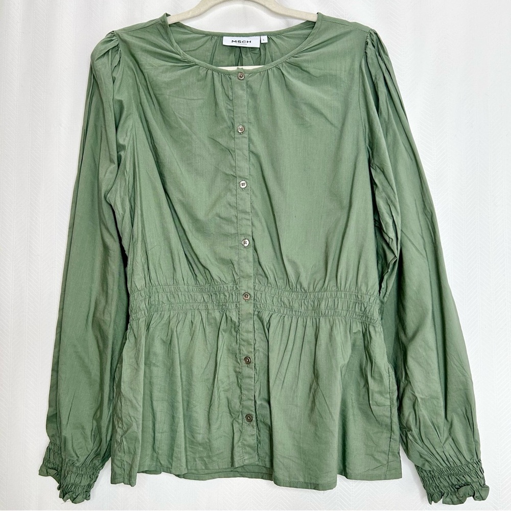 MSCH Copenhagen blouse green button up long bishop sleeves large